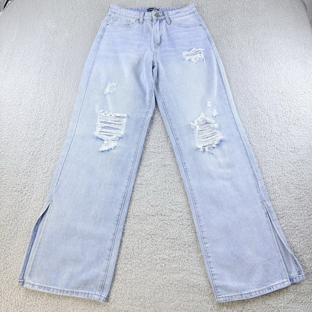 Light Wash Distressed Wide Leg Slit Hem Jeans High Rise Size‎ 1 Y2K Denim